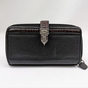 Brighton Zip Around Wallet Billfold Clutch Black Leather Crocodile Trim Vintage